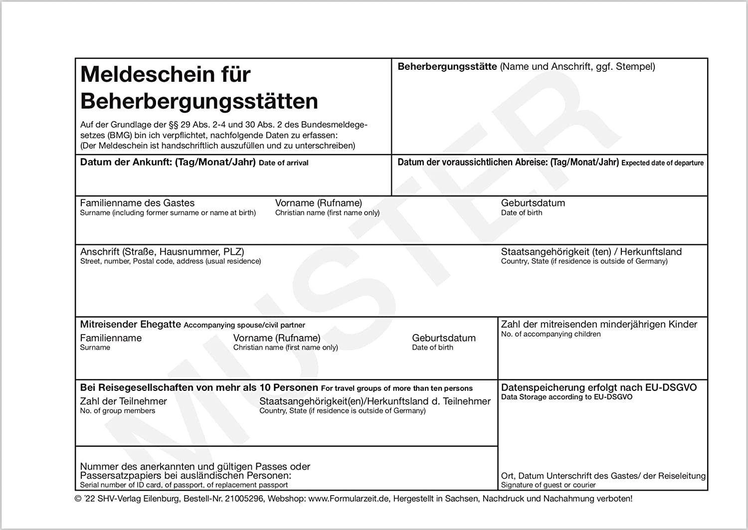 Meldeschein-10-2022 Meldeschein für Beherbergungsstätten - Block, alle Bundesländer