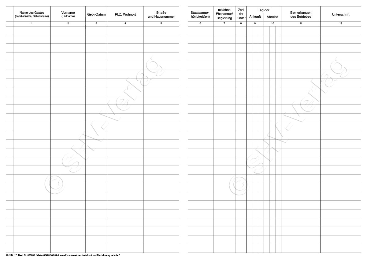 Meldeverzeichnis für Beherbergungsstätten Tabelle